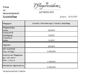 Preisliste Kurzzeitpflege