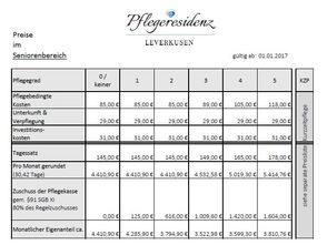 Preisliste Seniorenbereich