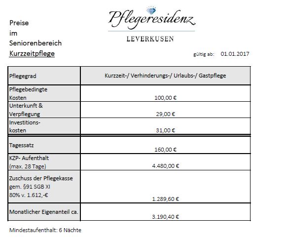 Preisliste Kurzzeitpflege